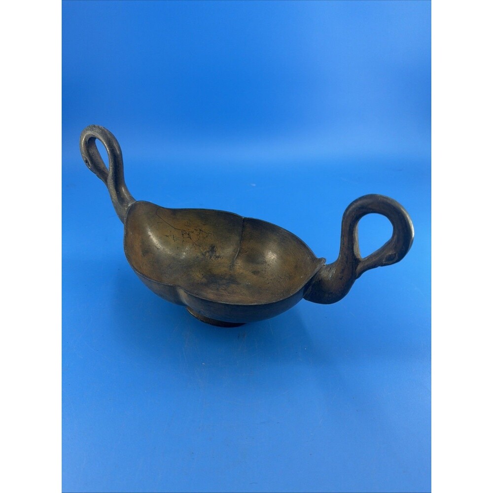 Vintage MCM Double Swan Handle Solid Brass Planter Bowl Dish Footed Base